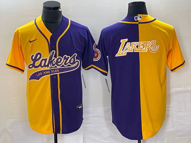 Men's Los Angeles Lakers Gold/Purple Split Team Big Logo Cool Base Stitched Baseball Jersey Men's Los Angeles Lakers Gold/Purple Split Team Big Logo Cool Base Stitched Baseball Jersey